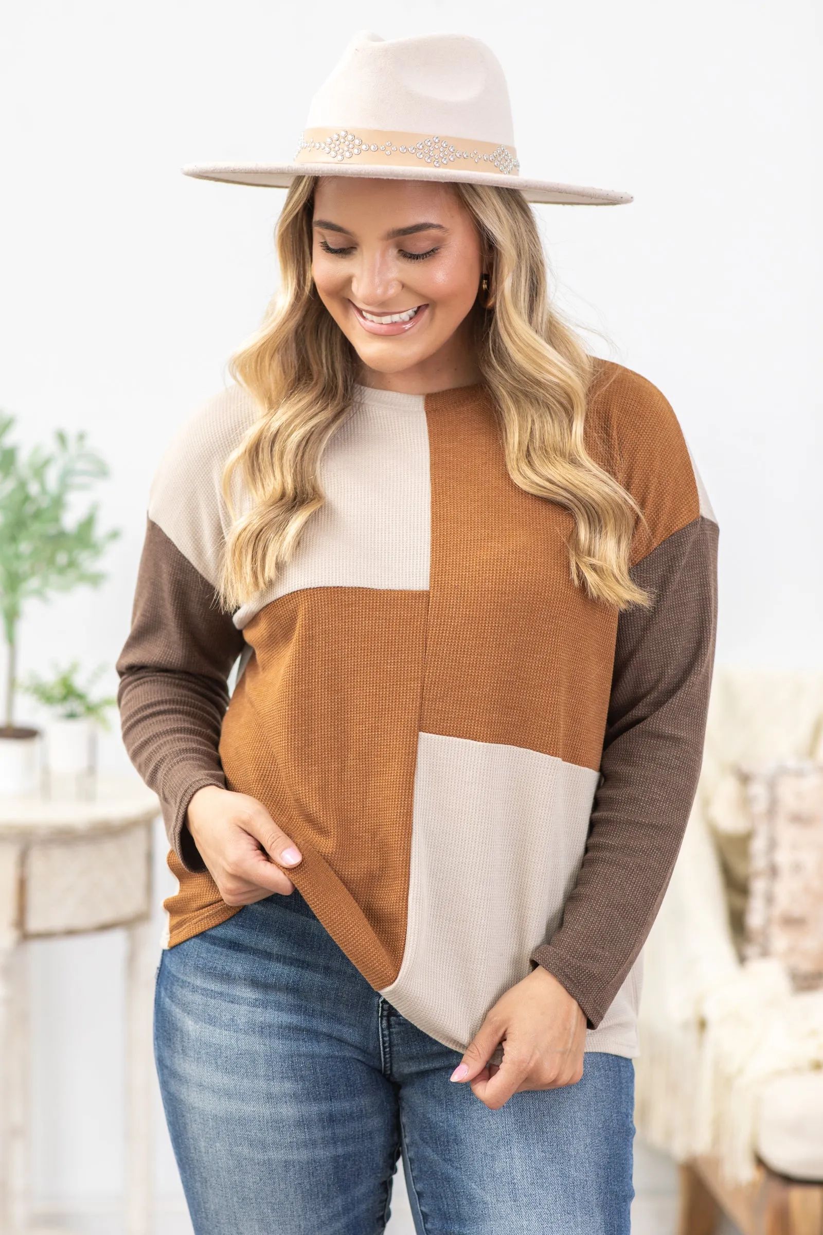 Camel And Beige Colorblock Waffle Knit Top