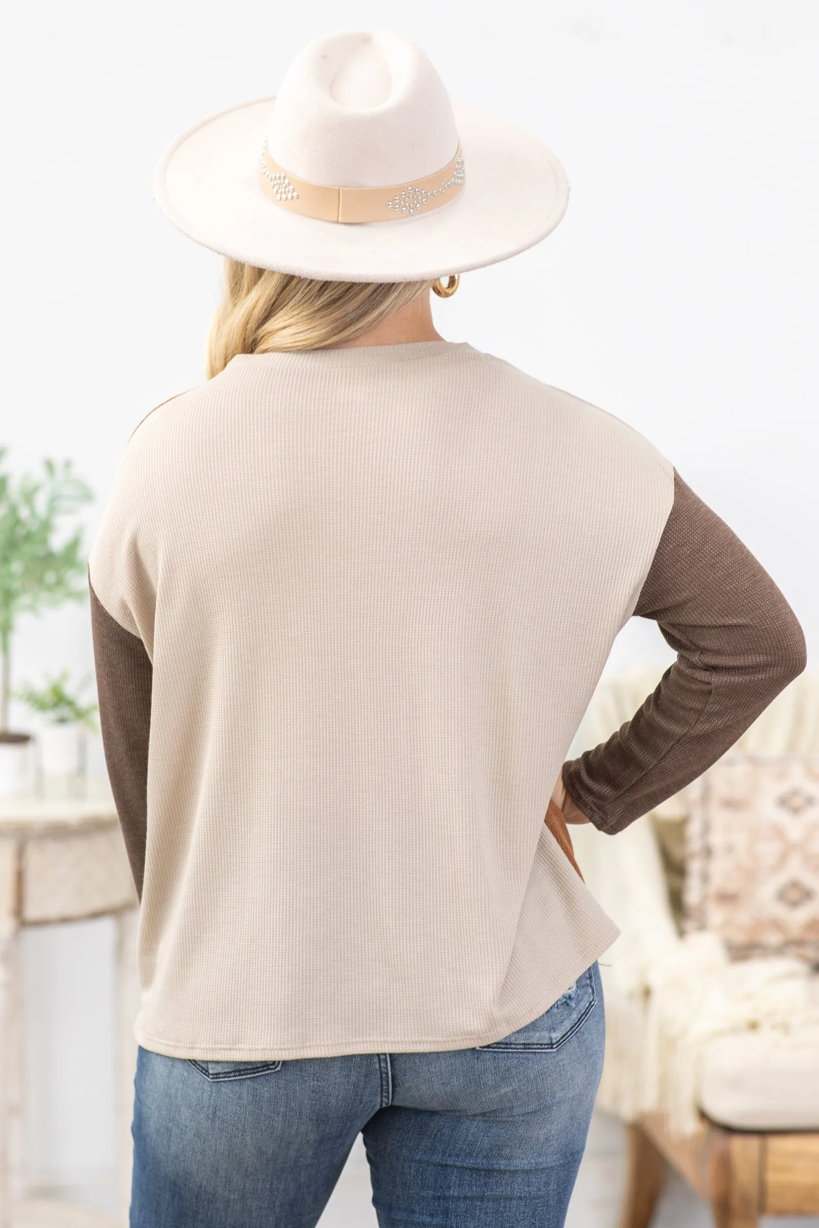 Camel And Beige Colorblock Waffle Knit Top