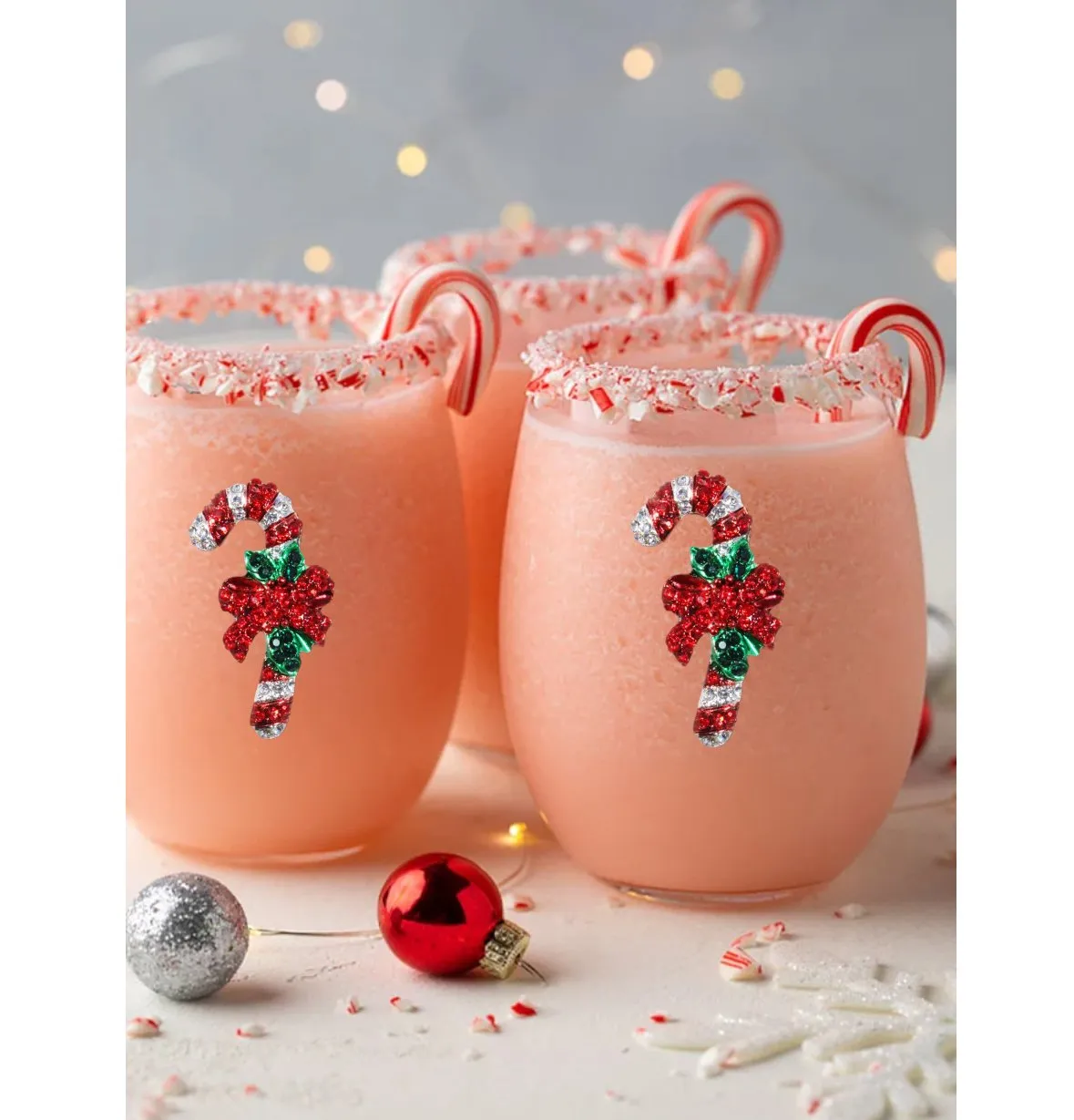 Candy Cane Christmas Holiday Jeweled Stemless Wine Glass