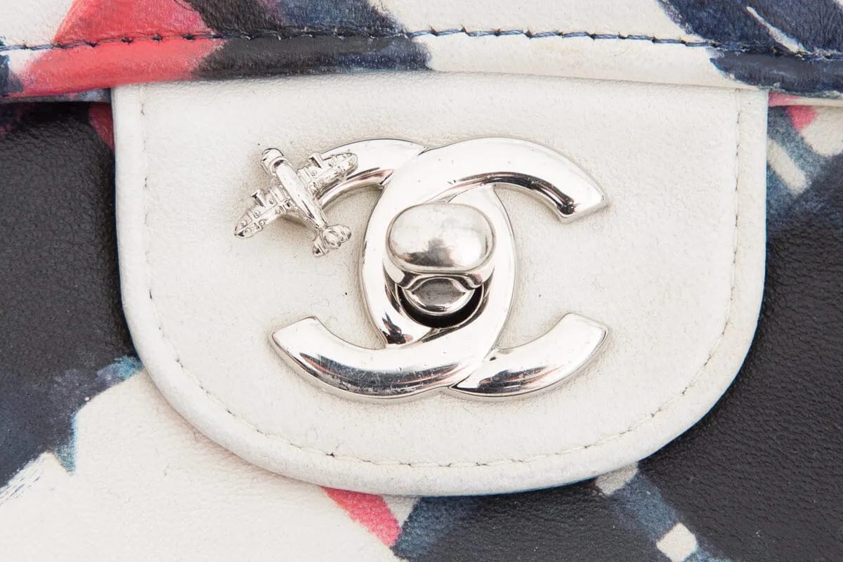 Chanel 2016 Blue and White Painted Print Lambskin Airline Classic Double Flap