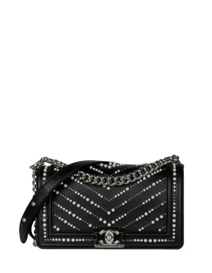 Chanel Black Calfskin Leather Chevron Pearl Boy Bag