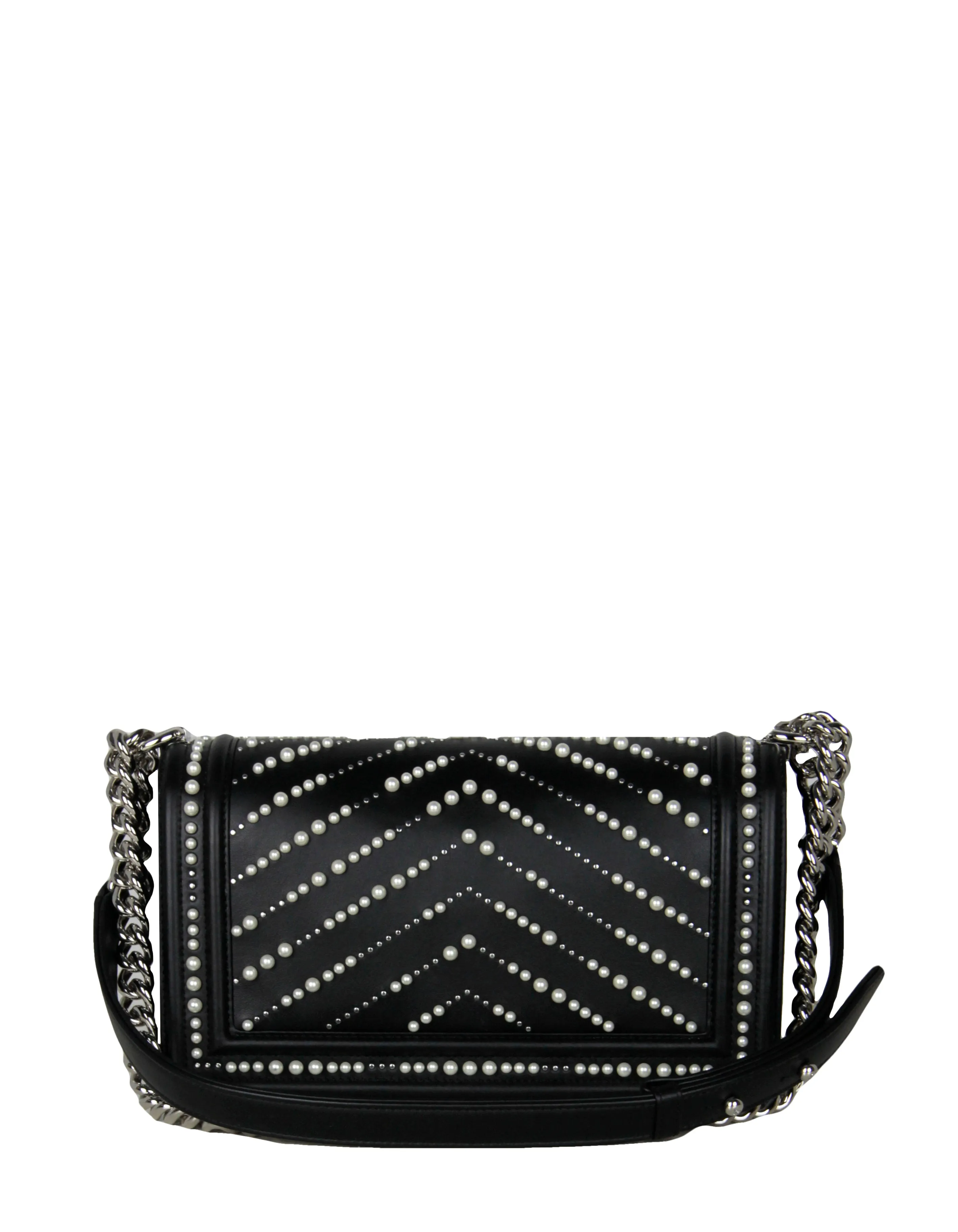 Chanel Black Calfskin Leather Chevron Pearl Boy Bag