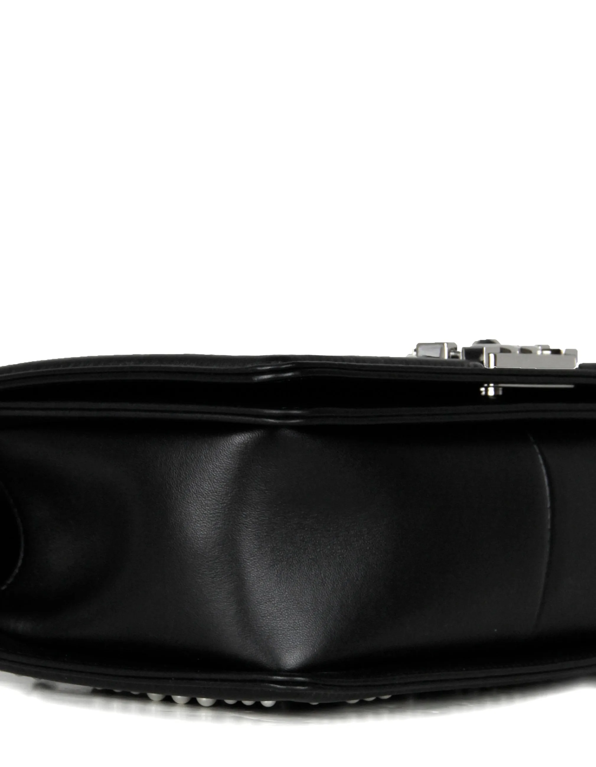 Chanel Black Calfskin Leather Chevron Pearl Boy Bag
