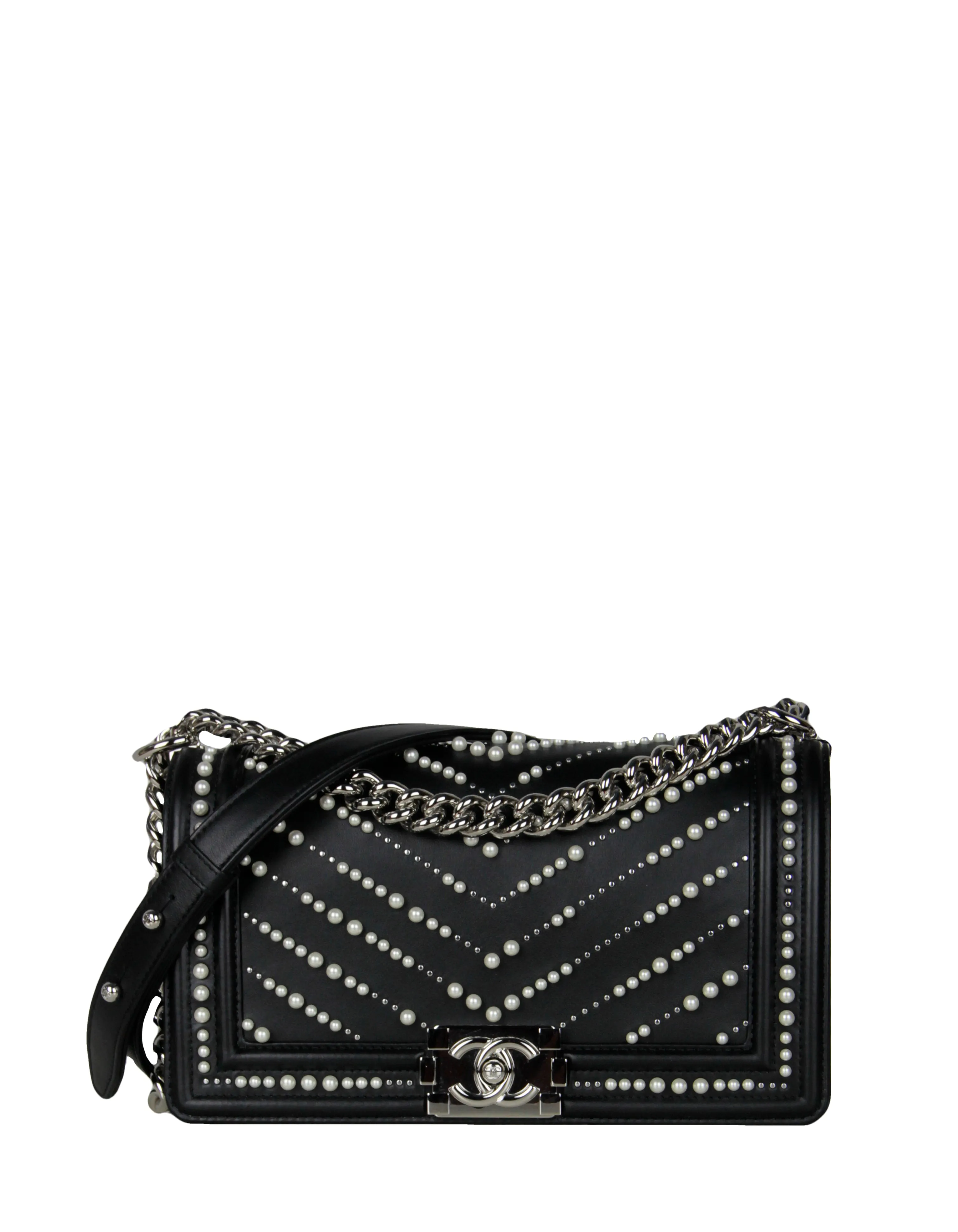 Chanel Black Calfskin Leather Chevron Pearl Boy Bag