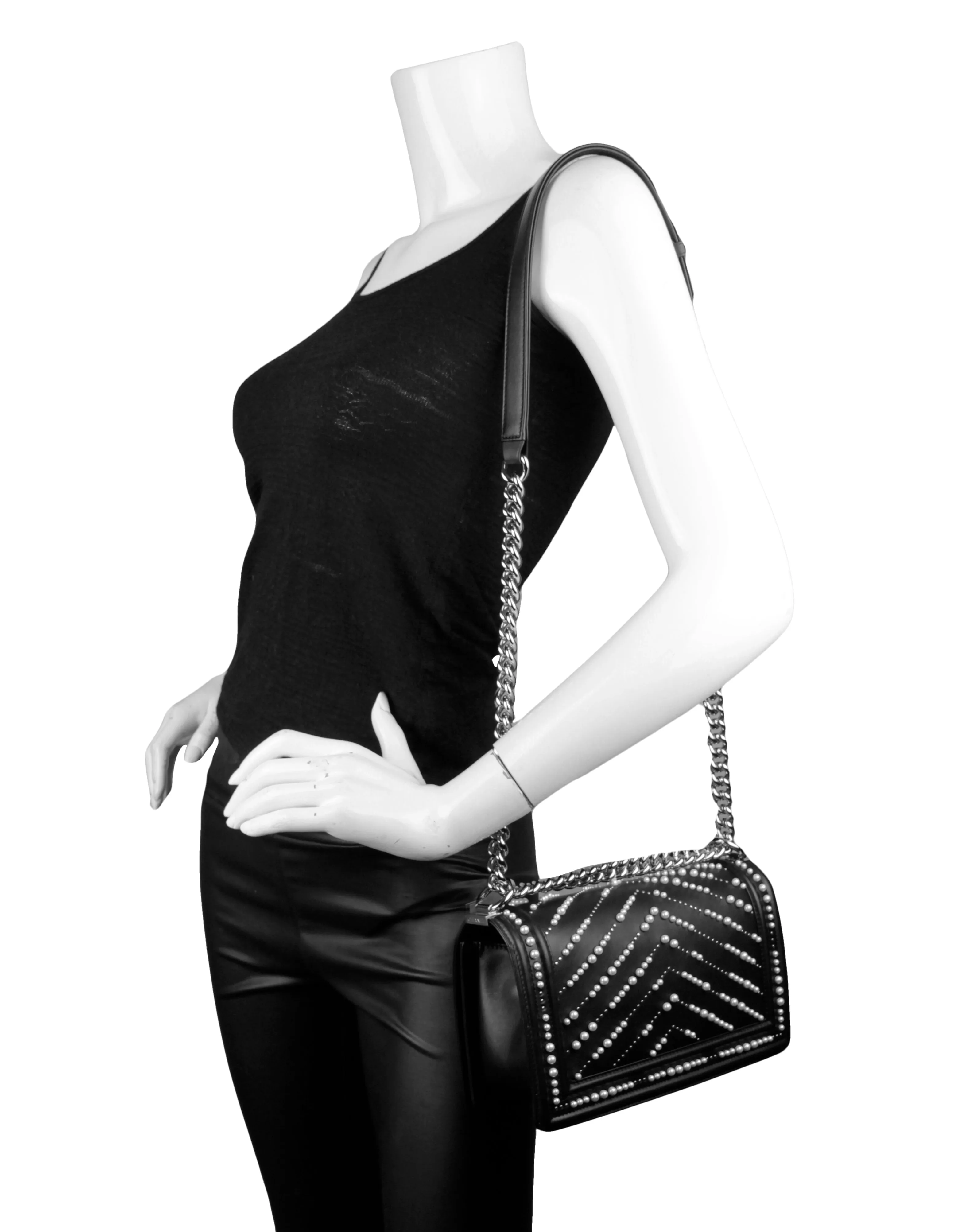 Chanel Black Calfskin Leather Chevron Pearl Boy Bag