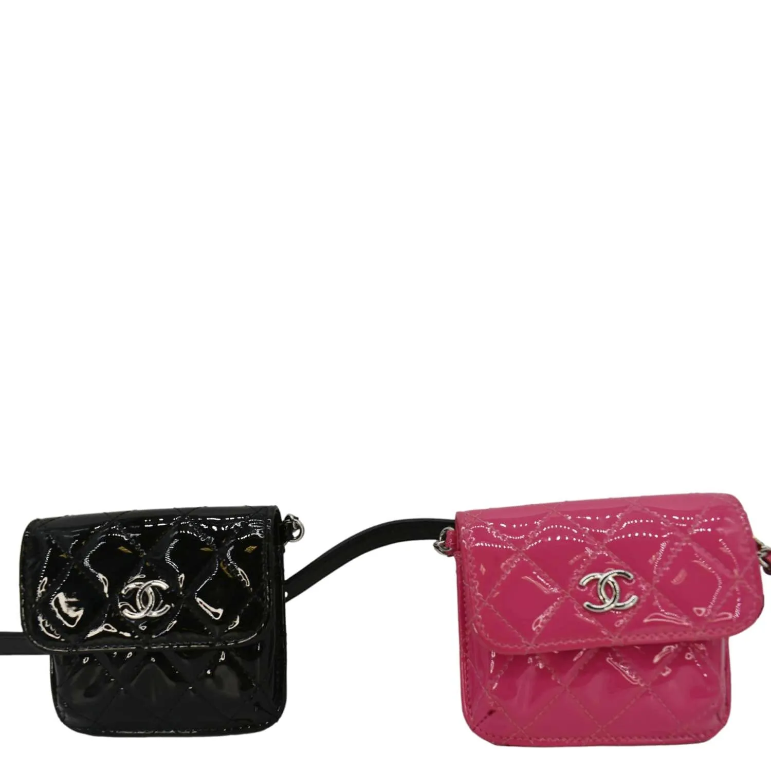 CHANEL CC Double Mini Flap Patent Quilted Leather Chain Waist Bag Black Pink