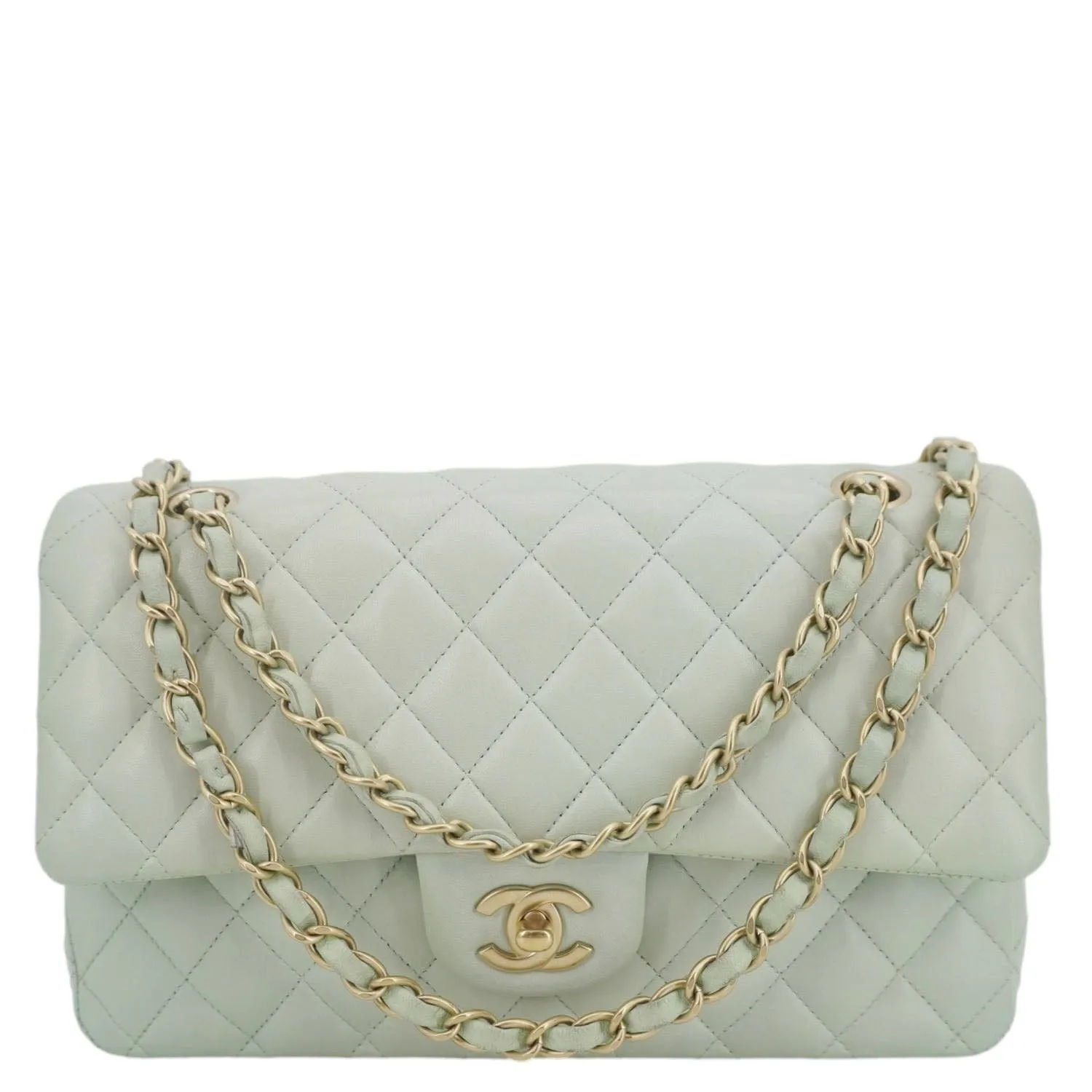 CHANEL Classic Double Flap Small Quilted Leather Shoulder Bag Light Green