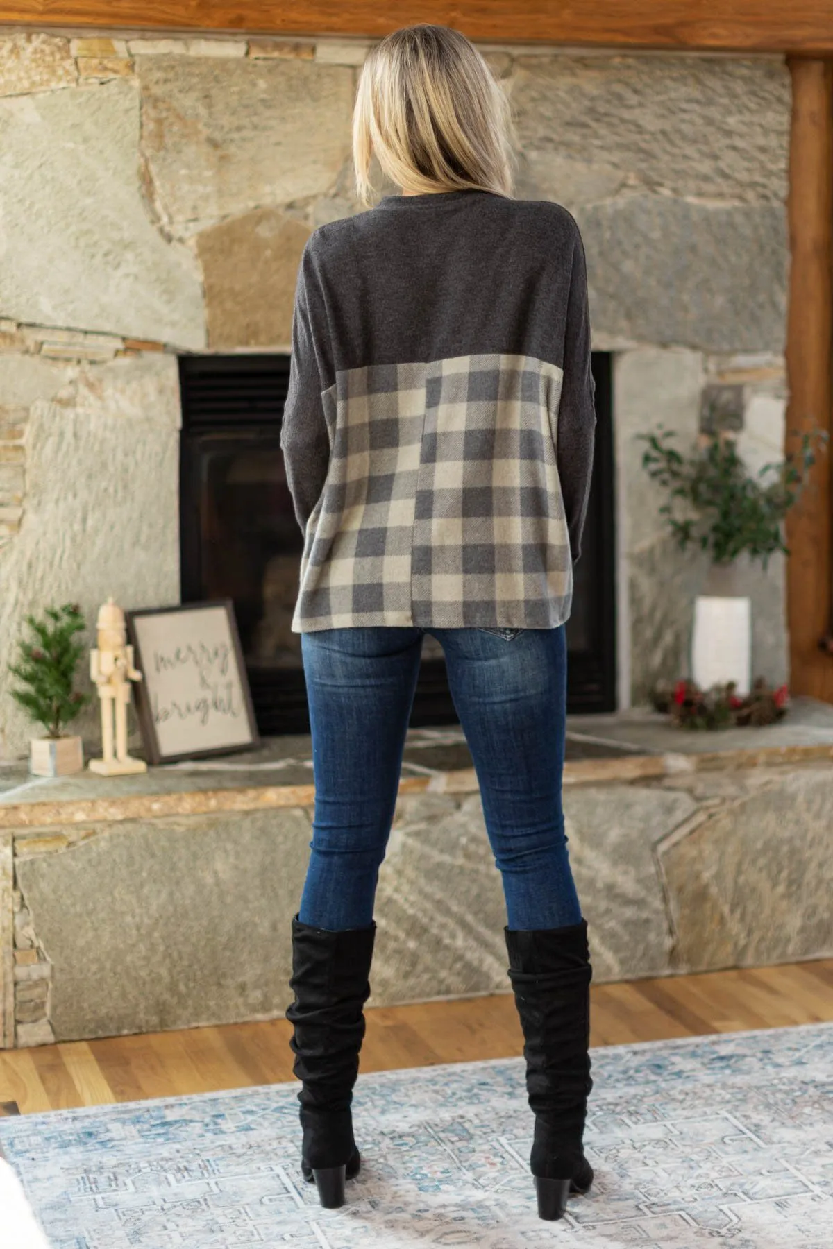 Charcoal Colorblock Buffalo Plaid Top