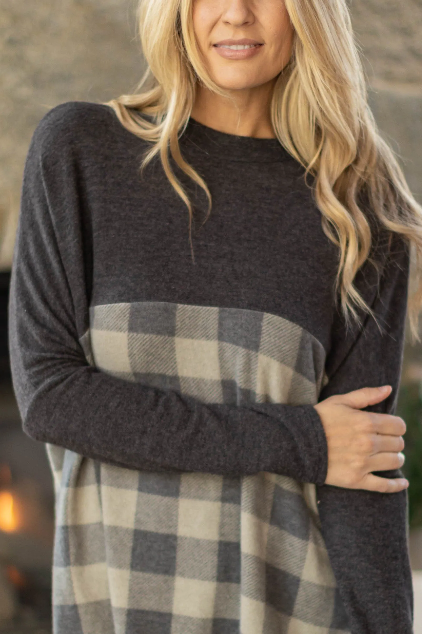Charcoal Colorblock Buffalo Plaid Top