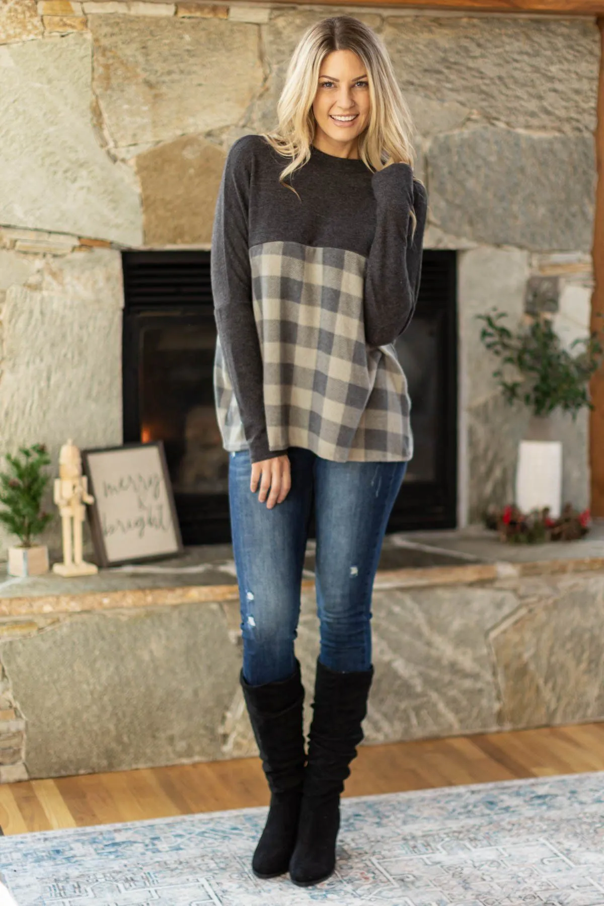 Charcoal Colorblock Buffalo Plaid Top