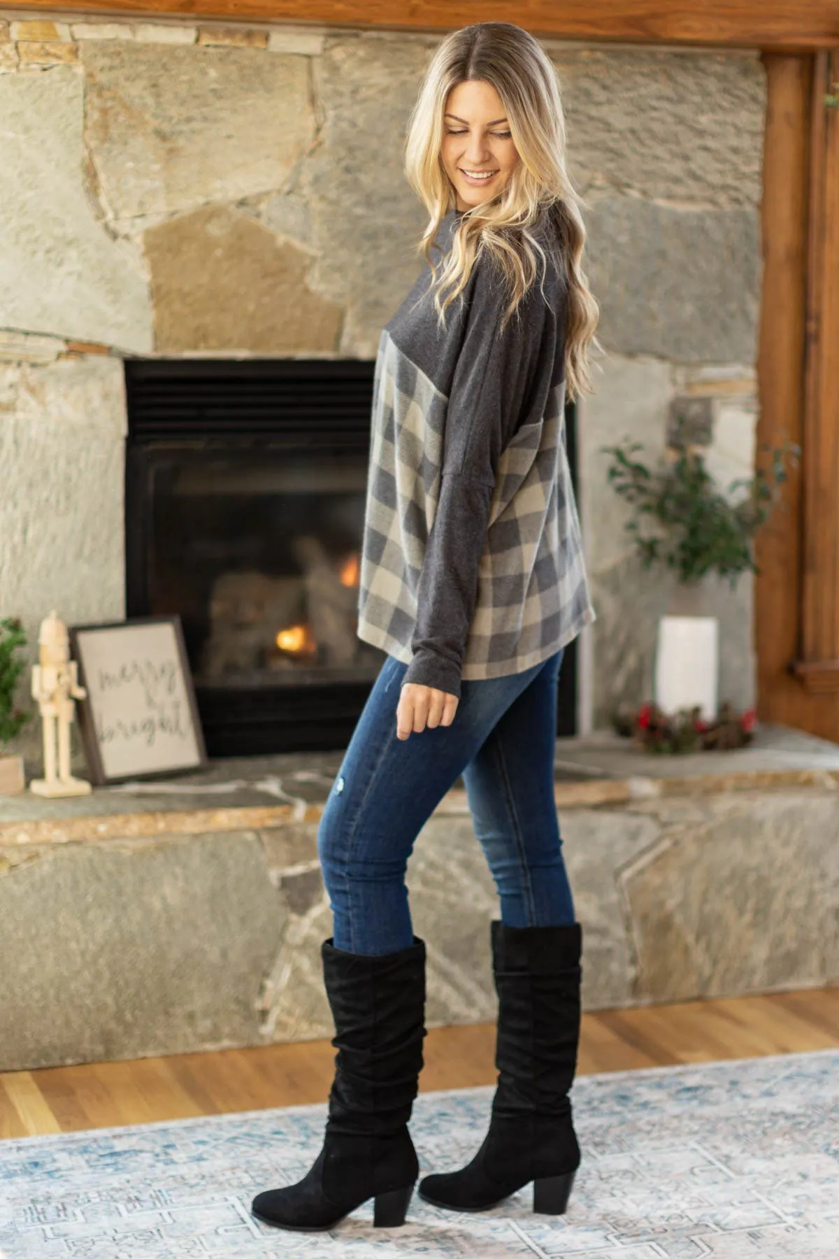 Charcoal Colorblock Buffalo Plaid Top