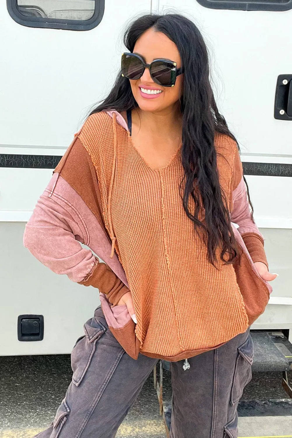 Chestnut Exposed Seam Colorblock Thermal Knit Hoodie