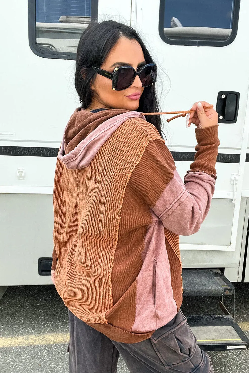 Chestnut Exposed Seam Colorblock Thermal Knit Hoodie