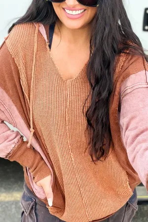 Chestnut Exposed Seam Colorblock Thermal Knit Hoodie