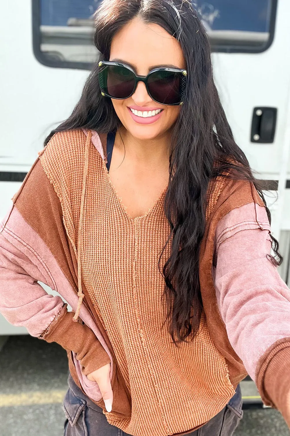Chestnut Exposed Seam Colorblock Thermal Knit Hoodie