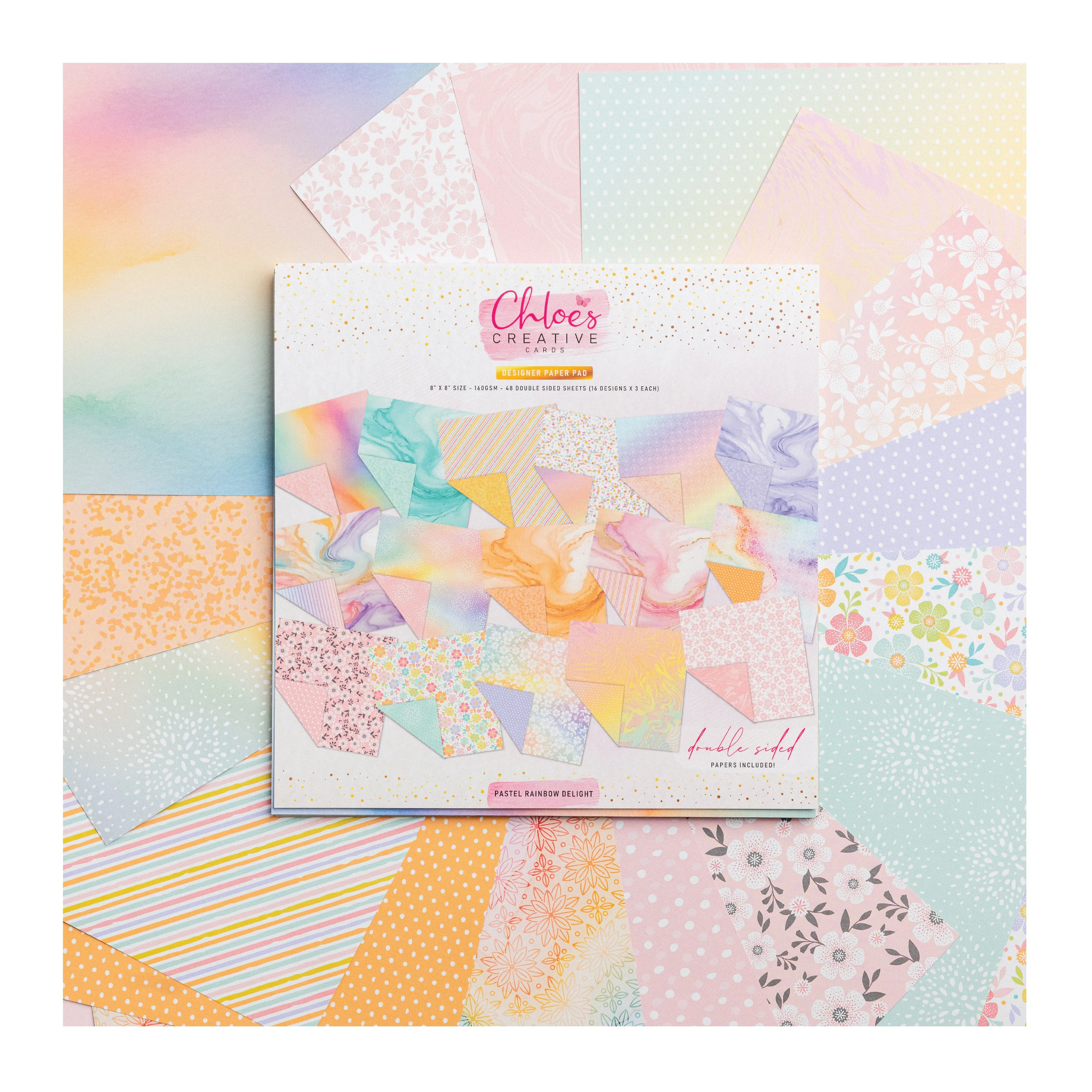 Chloe's Creative Cards Designer Printed Paper Pad (8x8) - Pastel Rainbow Delight