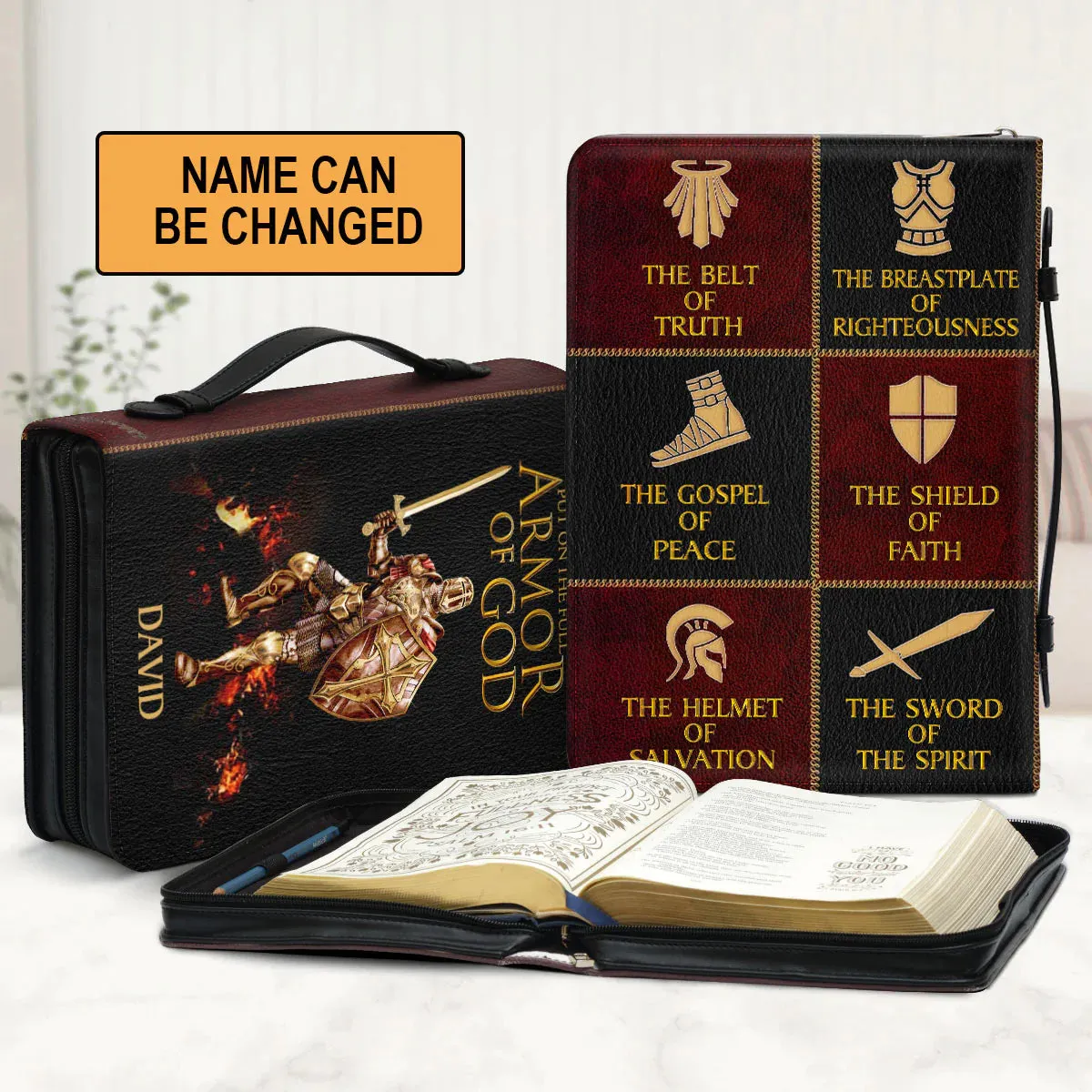Christianart Bible Cover, Spiritual Warrior Bible Cover with Customizable Name - Armor of God Design.