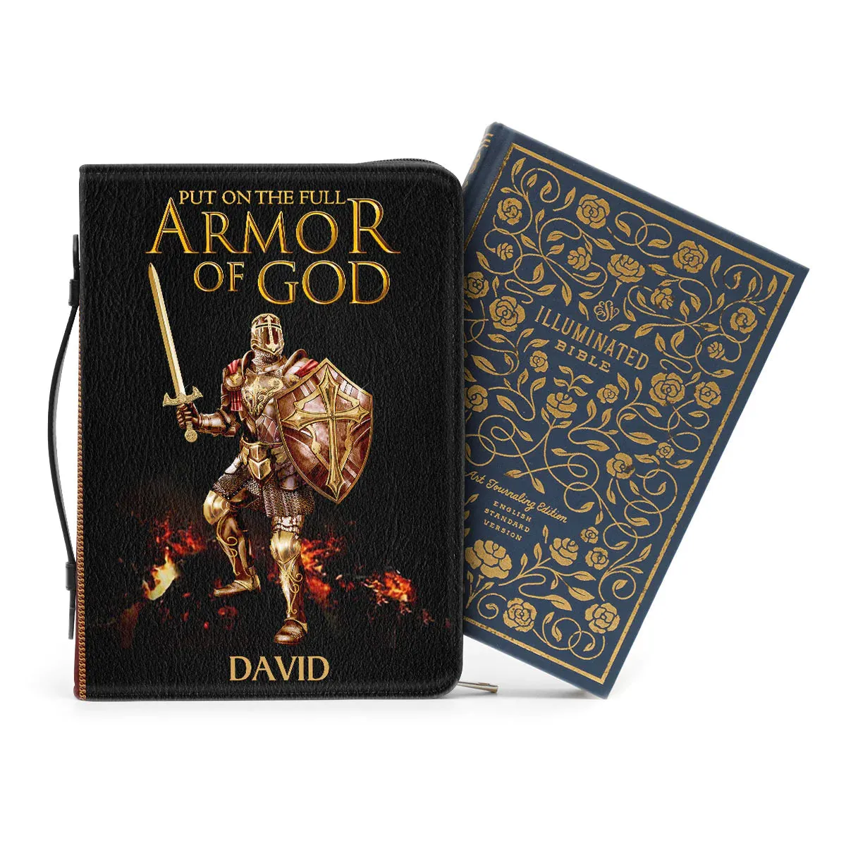 Christianart Bible Cover, Spiritual Warrior Bible Cover with Customizable Name - Armor of God Design.