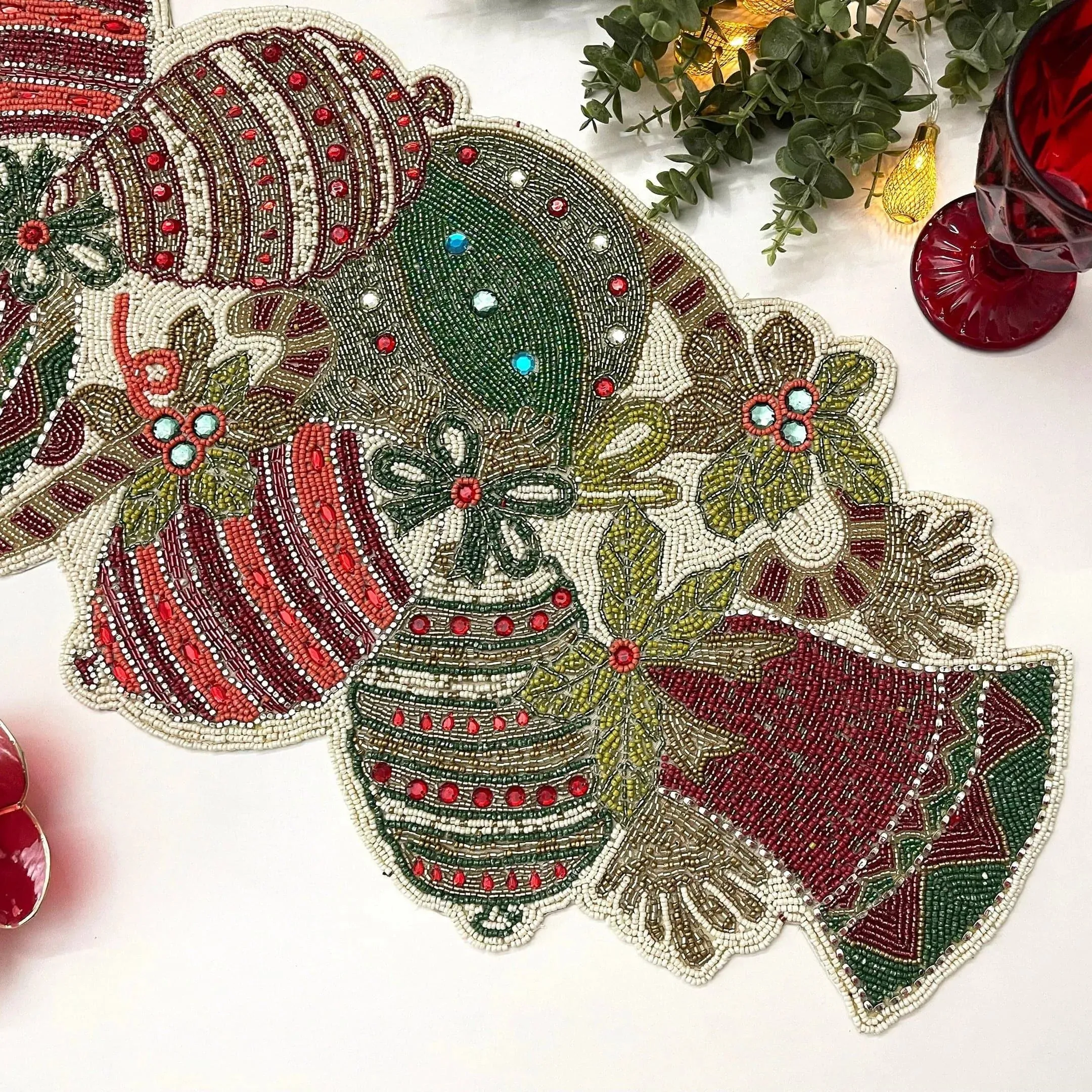 Christmas Bell and Ornament Beaded Table Runner