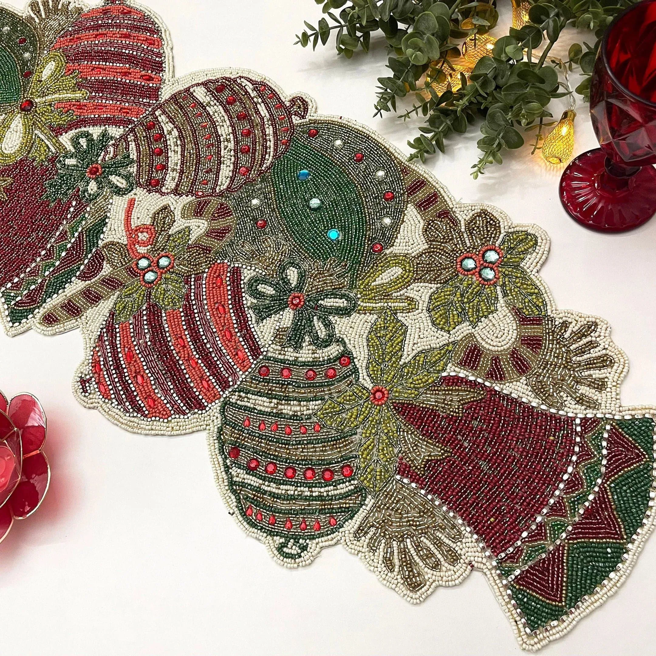 Christmas Bell and Ornament Beaded Table Runner