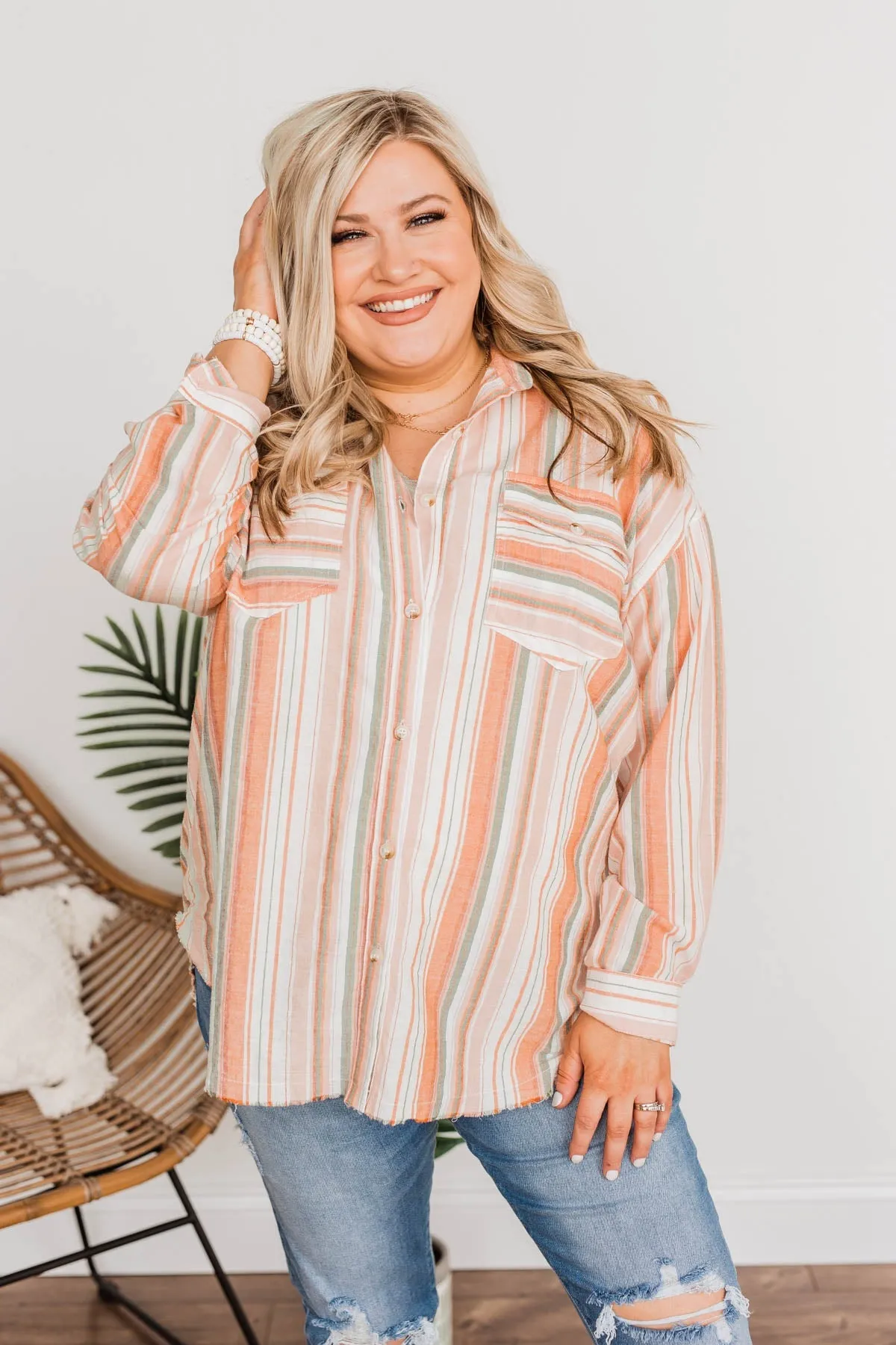 Coconut Dreams Striped Top- Coral & Olive