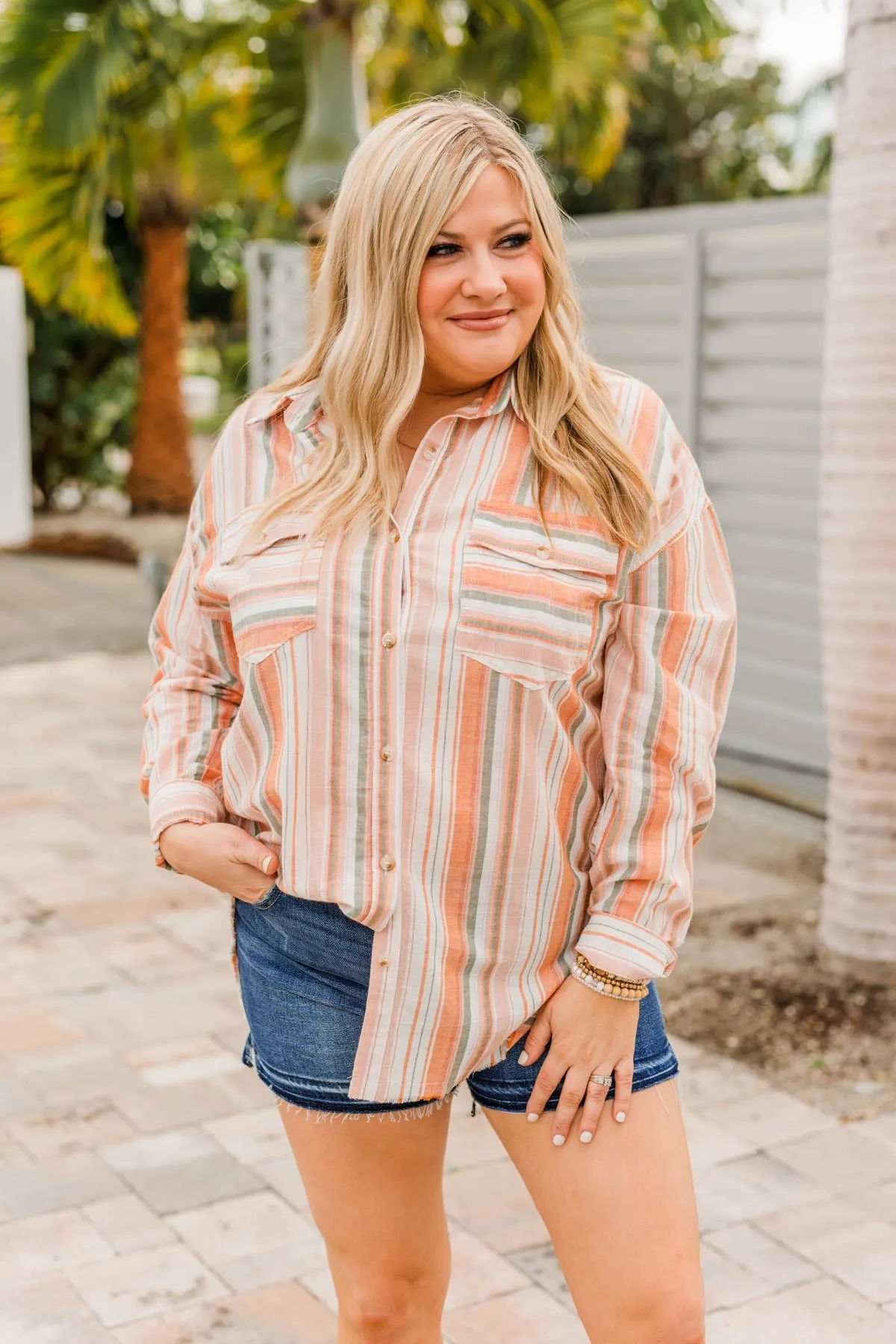Coconut Dreams Striped Top- Coral & Olive