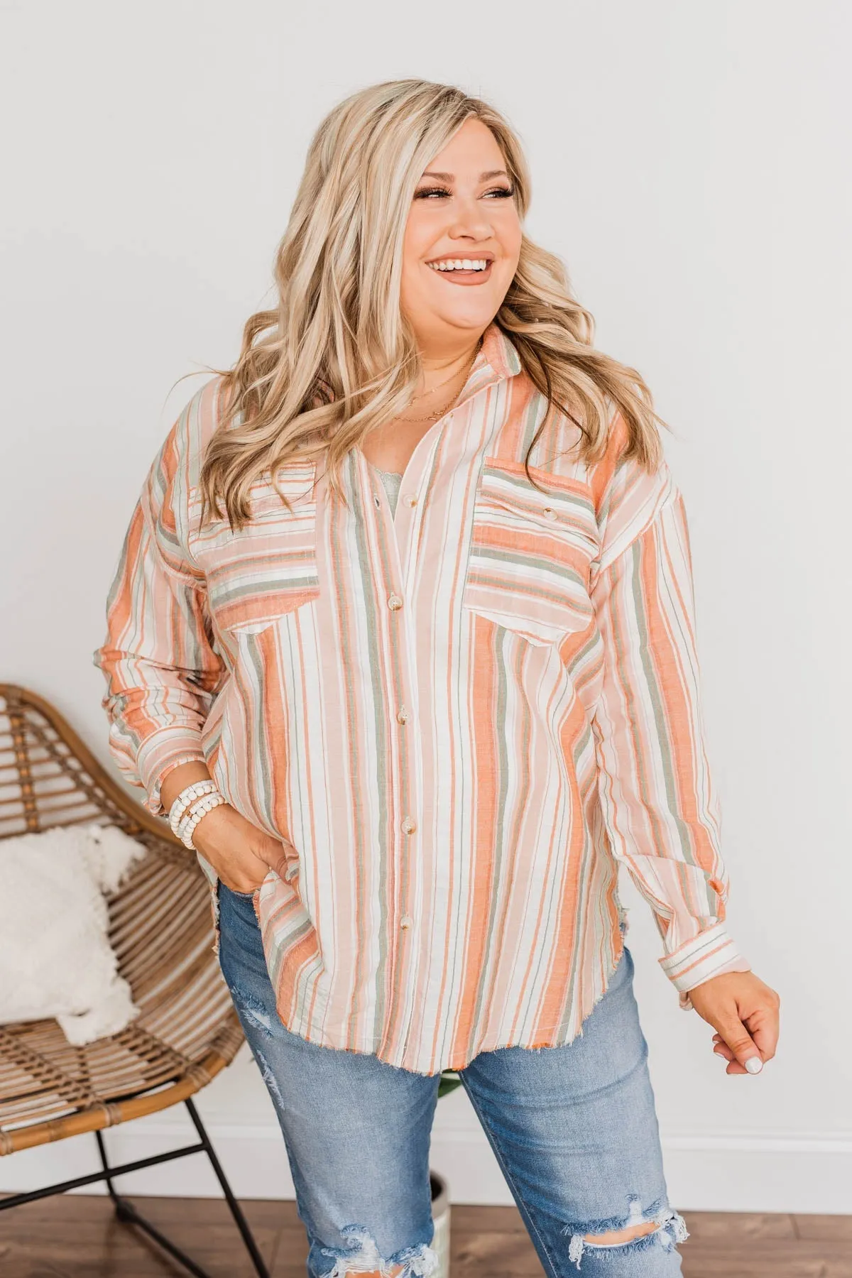 Coconut Dreams Striped Top- Coral & Olive