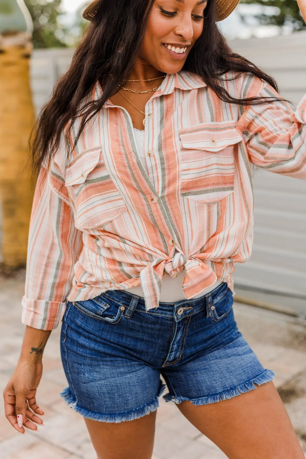 Coconut Dreams Striped Top- Coral & Olive
