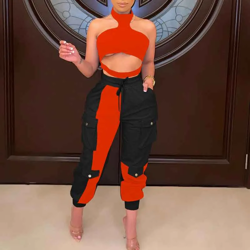Colorblock Cut Out Tube Top & Pocket Design Pants Set
