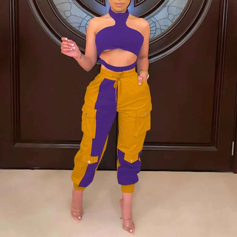 Colorblock Cut Out Tube Top & Pocket Design Pants Set
