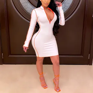 Colorblock Deep V-Neck Zipper Design Bodycon Dress