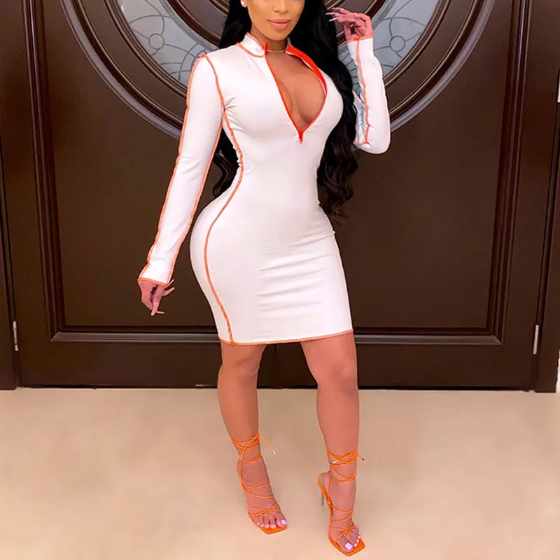 Colorblock Deep V-Neck Zipper Design Bodycon Dress