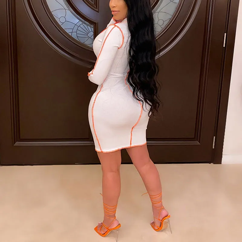 Colorblock Deep V-Neck Zipper Design Bodycon Dress