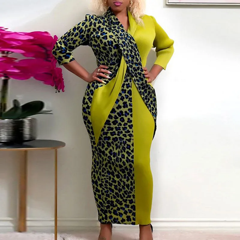 Colorblock Leopard Print Long Sleeve Plus Size Maxi Dress