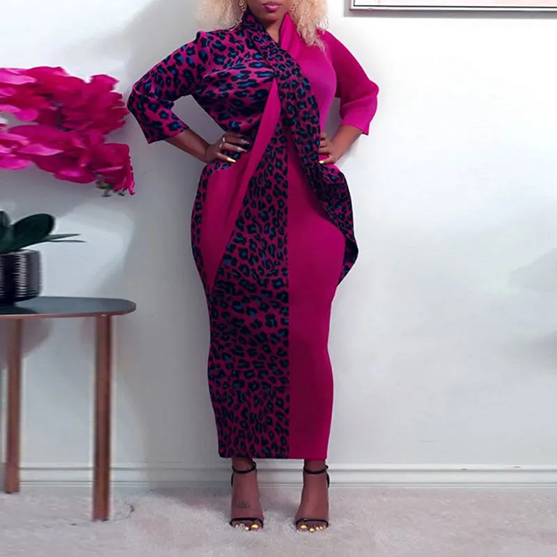 Colorblock Leopard Print Long Sleeve Plus Size Maxi Dress