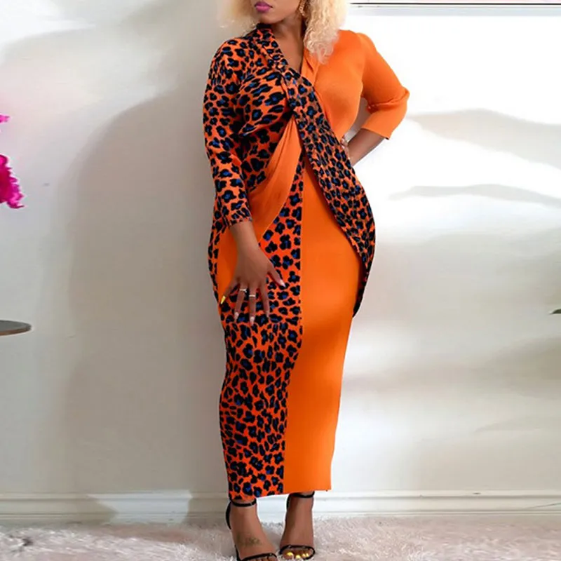 Colorblock Leopard Print Long Sleeve Plus Size Maxi Dress