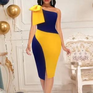 Colorblock One Shoulder Bowknot Decoration Bodycon Dress