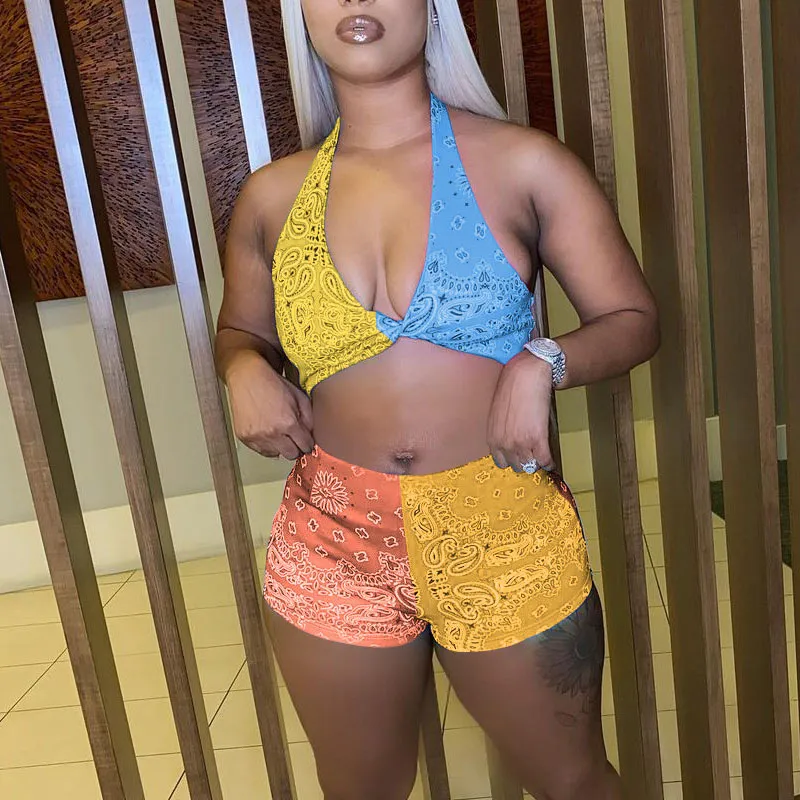 Colorblock Print Halter Sleeveless Two Piece Shorts Set