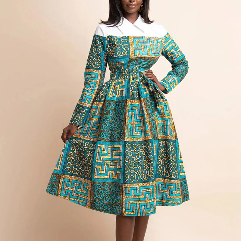 Colorblock Print Long Sleeve High Waist Big Swing Dress With Belt