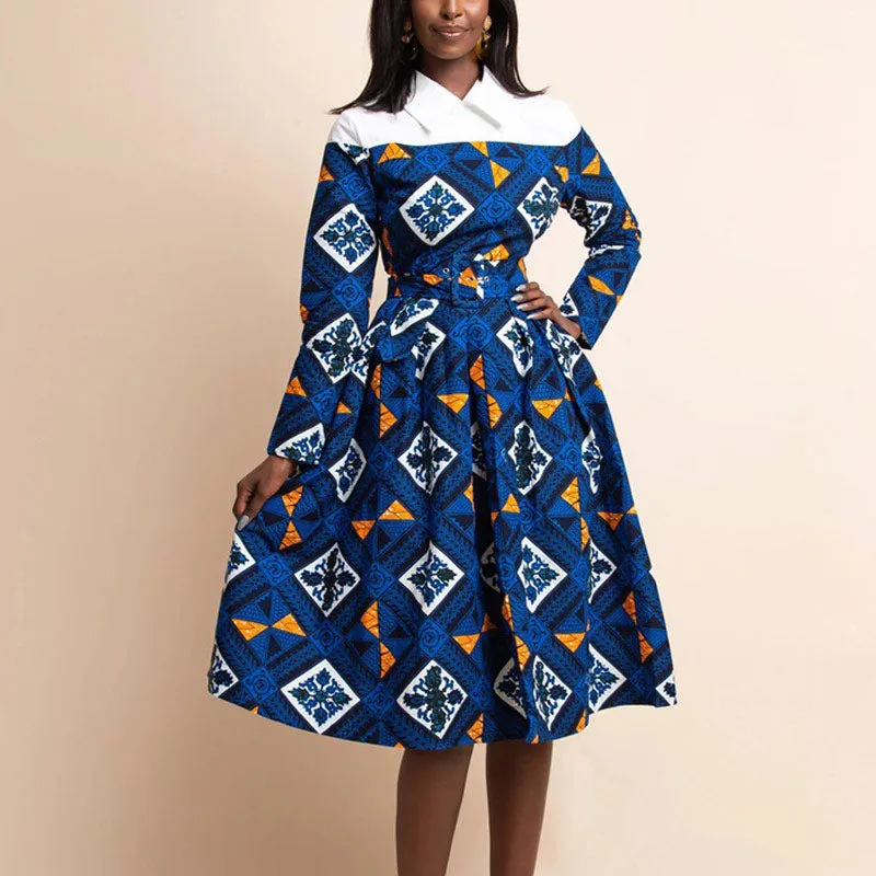 Colorblock Print Long Sleeve High Waist Big Swing Dress With Belt