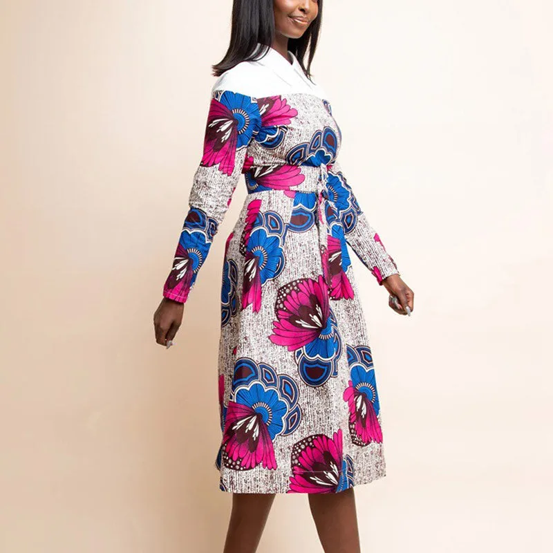 Colorblock Print Long Sleeve High Waist Big Swing Dress With Belt