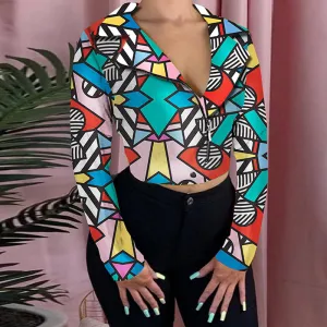 Colorblock Print Zipper Design Lapel Long Sleeve Jacket
