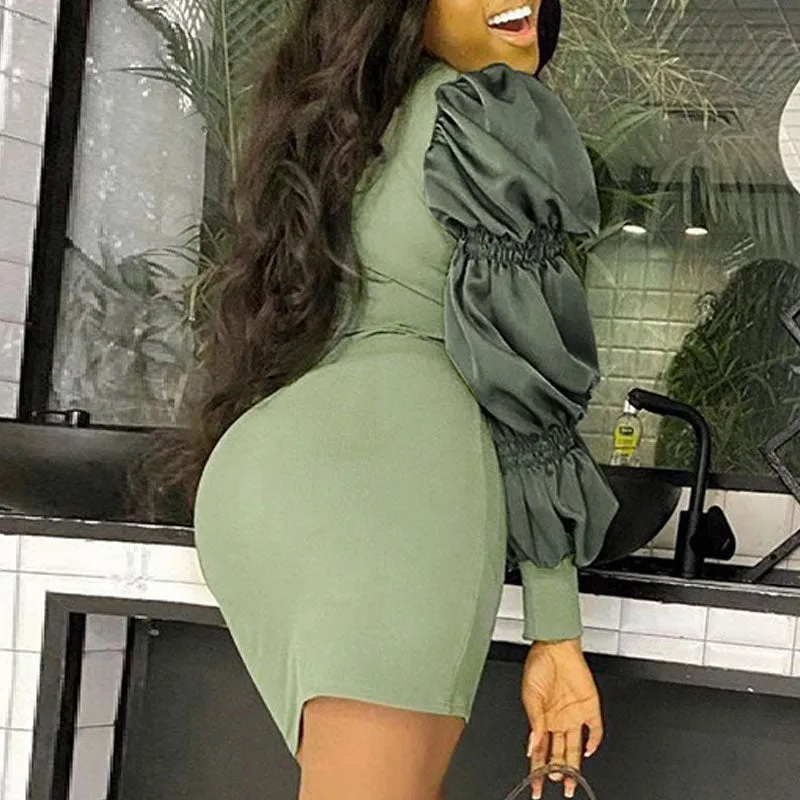 Colorblock Puff Sleeve Bodycon Dress