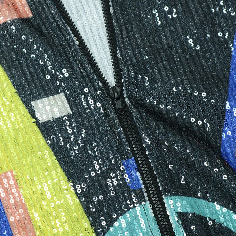 Colorblock Sequins Long Sleeve Zipper Design Jacket