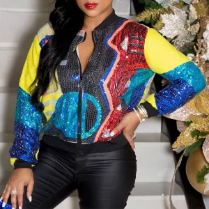 Colorblock Sequins Long Sleeve Zipper Design Jacket