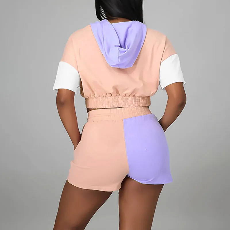 Colorblock Short Sleeve Hoodie Top & Shorts Set