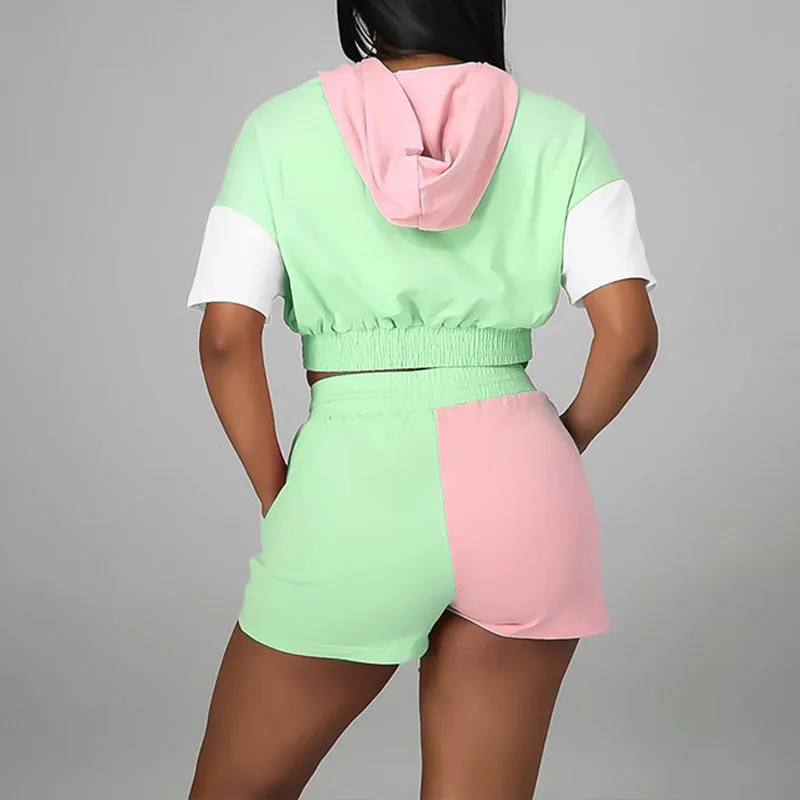 Colorblock Short Sleeve Hoodie Top & Shorts Set