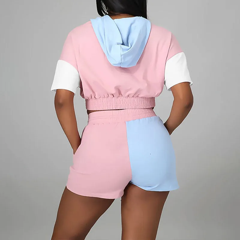 Colorblock Short Sleeve Hoodie Top & Shorts Set