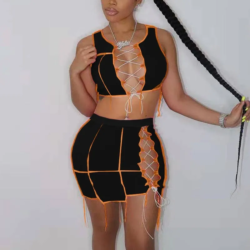Colorblock Sleeveless Bandage Two Piece Skirt Set