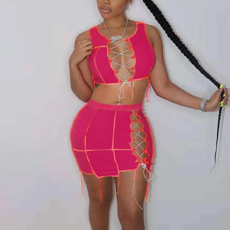Colorblock Sleeveless Bandage Two Piece Skirt Set